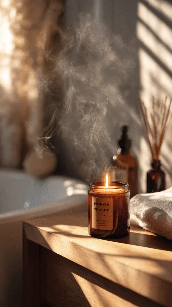 bathroom vanity with lit candle, amber jar labeled pumpkin spice, cedar diffuser nearby, steam rising from bath, warm golden light, cozy real-life atmosphere, minimal yet inviting fall styling