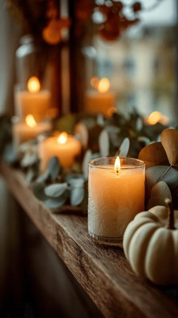 close-up of flickering candles on wood mantel