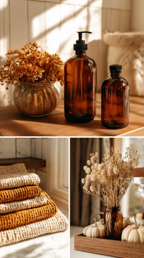 collage scene of cozy fall bathroom elements: amber glass bottles, mustard towel stack, dried florals, neutral pumpkins, vintage rug, wood vanity tray