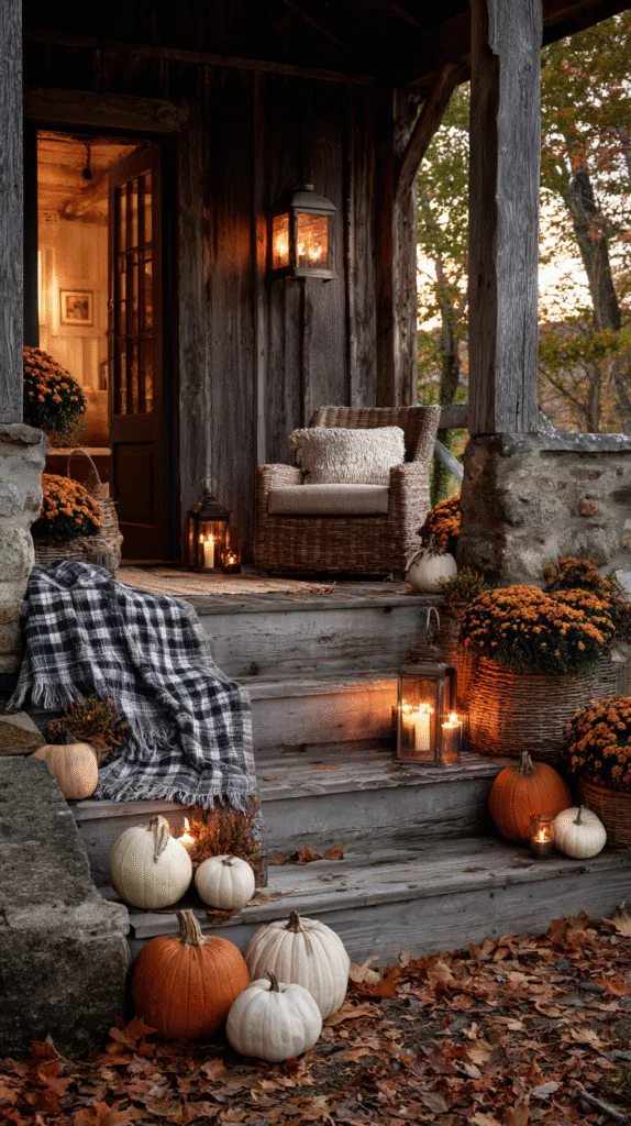 cozy fall porch scene, wood steps lined with pumpkins