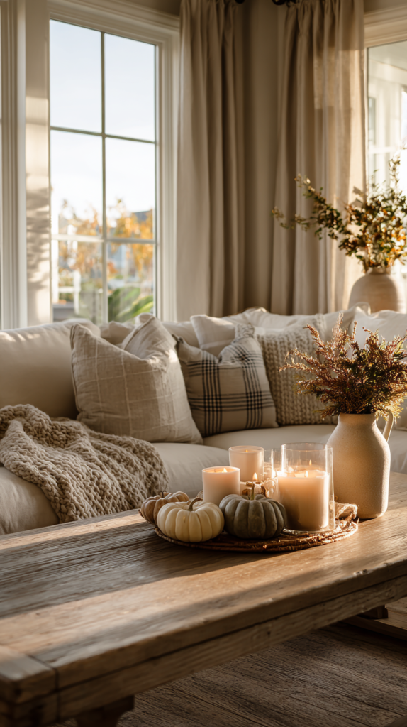 cozy open living-dining space bathed in warm autumn light