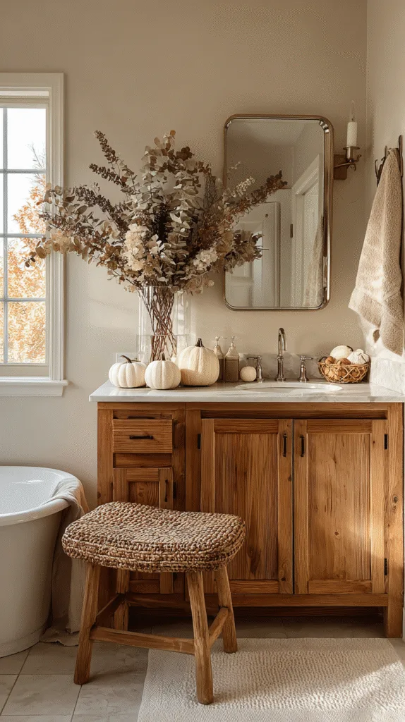 fall bathroom decor ideas, one of the strongest moves is to bring in organic texture with branches, dried florals