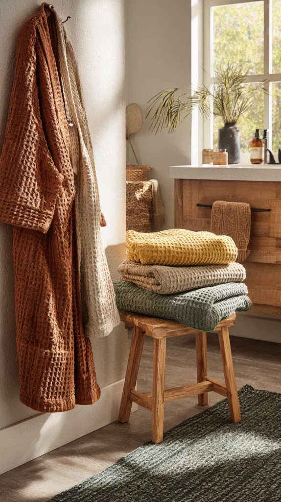 fall bathroom with warm textured towels in rust and mustard, waffle robe hanging on hook
