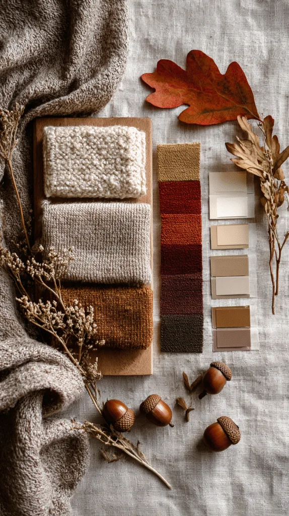 flat lay of fall thanksgiving color palette samples on linen fabric, paint swatches
