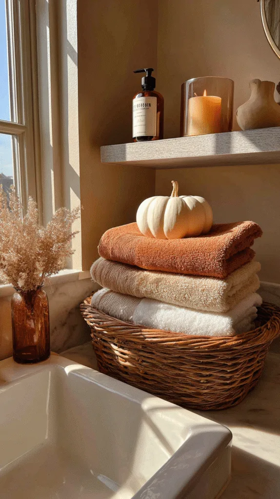 guest powder room styled for fall, folded towels on small shelf, amber hand soap, warm candle glow,