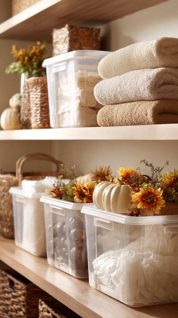 home storage scene, labeled clear bins filled with fall decorations