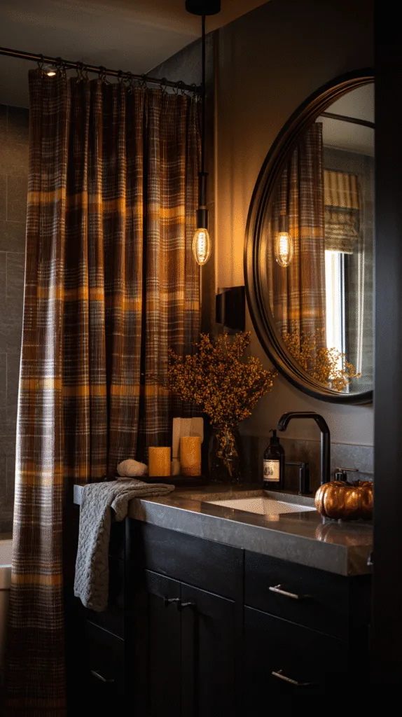 modern bathroom with plaid shower curtain in muted rust and mustard tones, round brass mirror, dark vanity