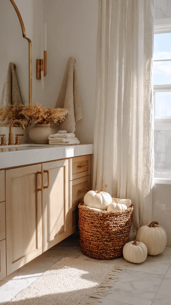 neutral fall bathroom decor, white pumpkins, beige towels, brass fixtures, light wood vanity
