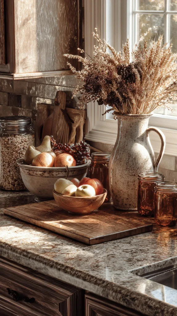 real home kitchen decorated for fall thanksgiving
