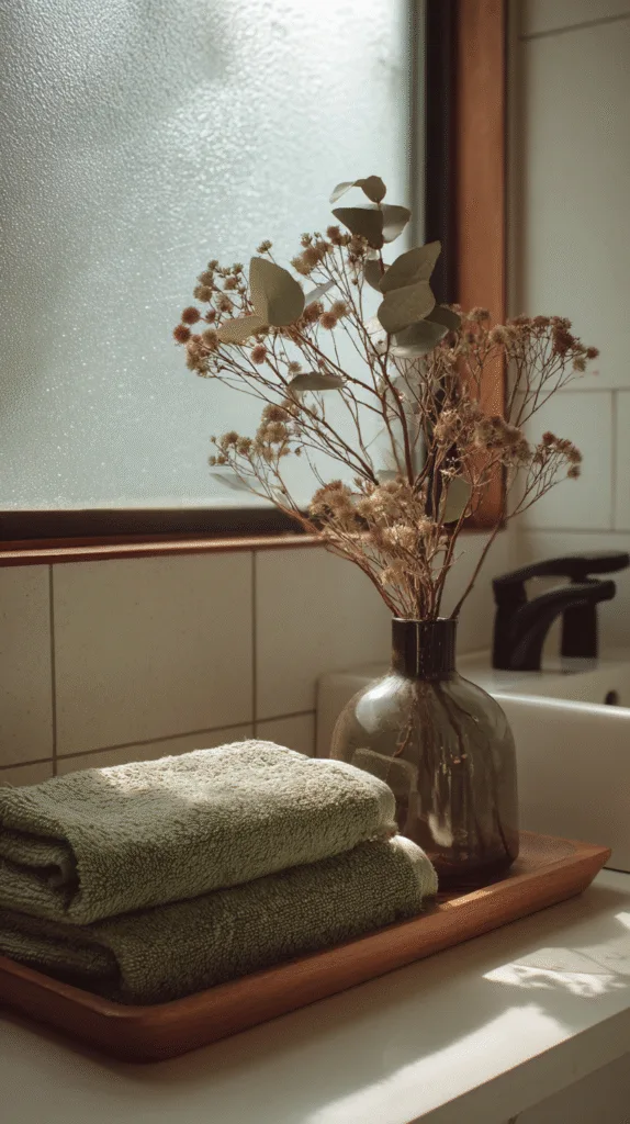tiny bathroom decorated for fall, earthy green towels