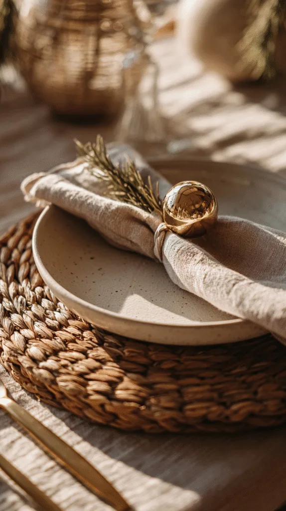 A close-up of a single place setting in soft neutral tones, rattan charger, white ceramic plate, linen napkin tied with velvet ribbon