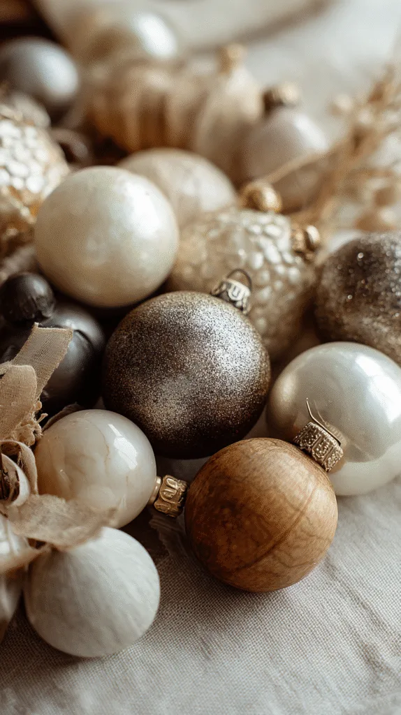 A close-up of neutral Christmas ornaments arranged on a table before decorating, soft whites, ivory, warm beige, taupe and champagne tone