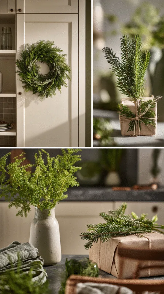 A collection of tiny fresh greenery touches around a home: mini wreath on a kitchen cabinet door