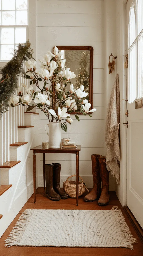A cozy entryway with a small table holding a vase of fresh magnolia branches, a mirror above it, a simple cedar swag on the staircase rail