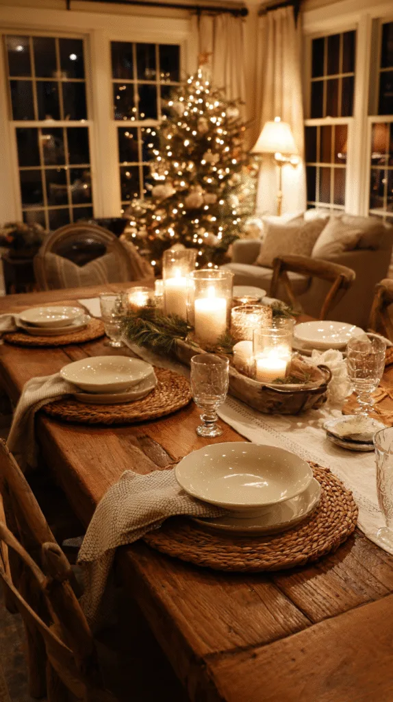 A cozy holiday dining table set simply, with room for serving dishes