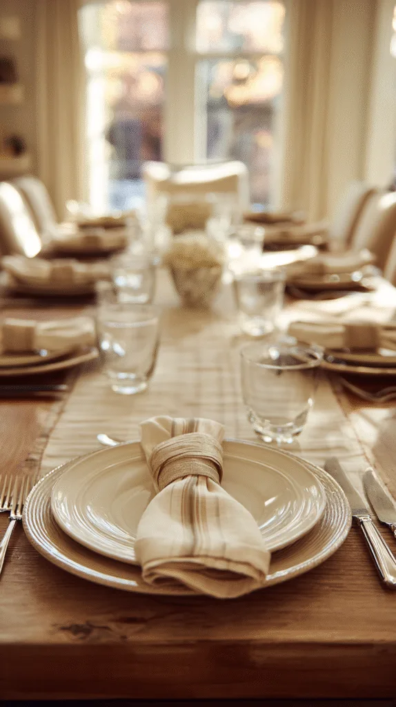 A dining table showing mostly matching place settings with a slightly elevated head seat: larger charger, different napkin ribbon, still in soft neutral tones, warm natural lighting