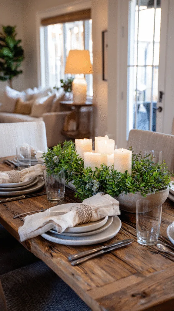 A dining table with a low greenery centerpiece, short candles, open sight lines across the table, simple neutral place settings,