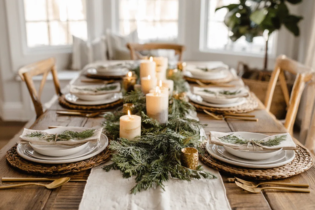 A full Christmas tablescape in simple cozy neutral tones, wood dining table set for six, soft linen runner in warm ivory