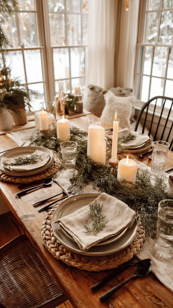 A lightly styled Christmas table with lots of open space, simple greenery, candles spaced apart,