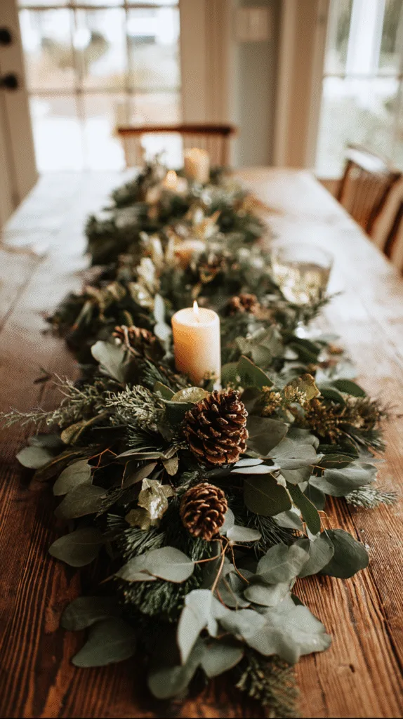 A low cedar garland running down the center of a wooden table, mixed eucalyptus branches, soft scattered pinecones, warm white candles