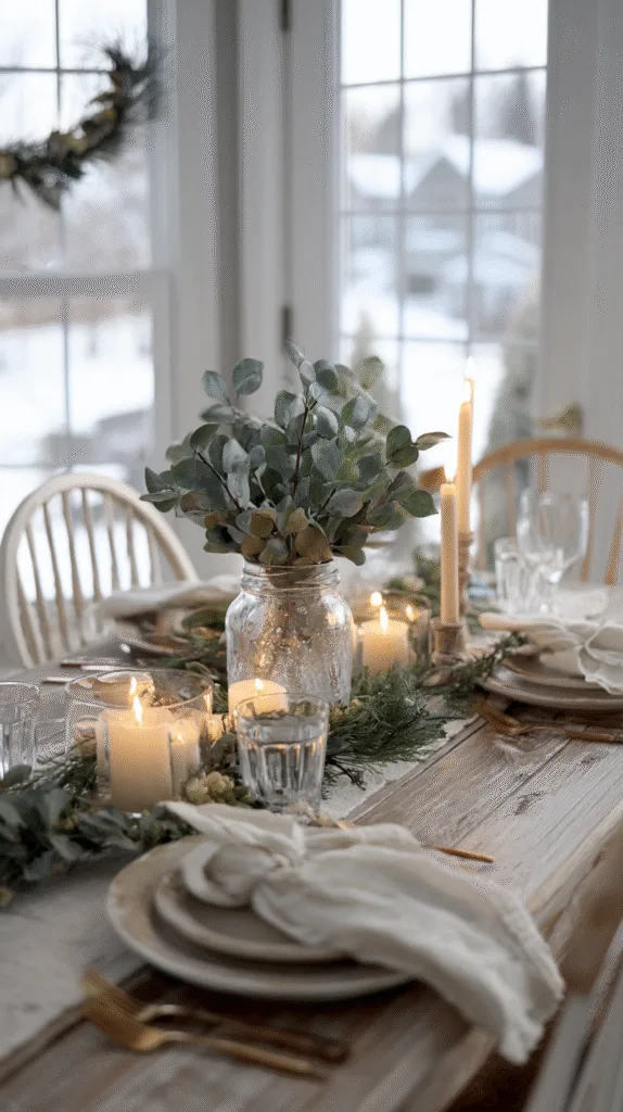 A neutral winter table with greenery left in place, ornaments removed, candles still glowing softly