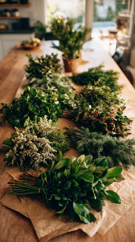 A real home dining table with labeled piles of Christmas greenery: pine, cedar, fir, magnolia, juniper with berries,