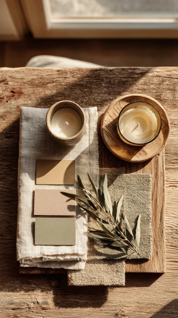A tabletop with color swatches and sample pieces: ivory cloth, beige napkin, soft green sprig, brushed gold candle holder, pale wood charger