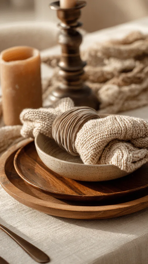 A tabletop with layered textures: linen napkins, wood chargers, ceramic plates, velvet ribbon