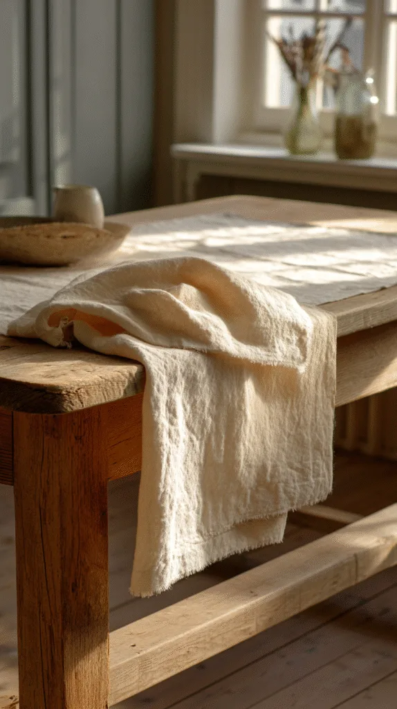 A wooden dining table with an ivory linen tablecloth draped softly, visible texture, creamy neutral runner folded casually