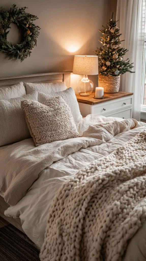 Bedroom decorated for Christmas in a cozy neutral style: knit throw layered over comforter