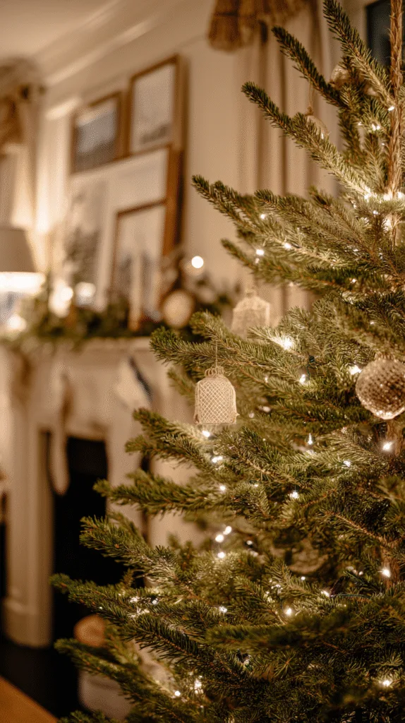 Christmas tree with a few handmade child ornaments, slightly imperfect art on mantel, family photos