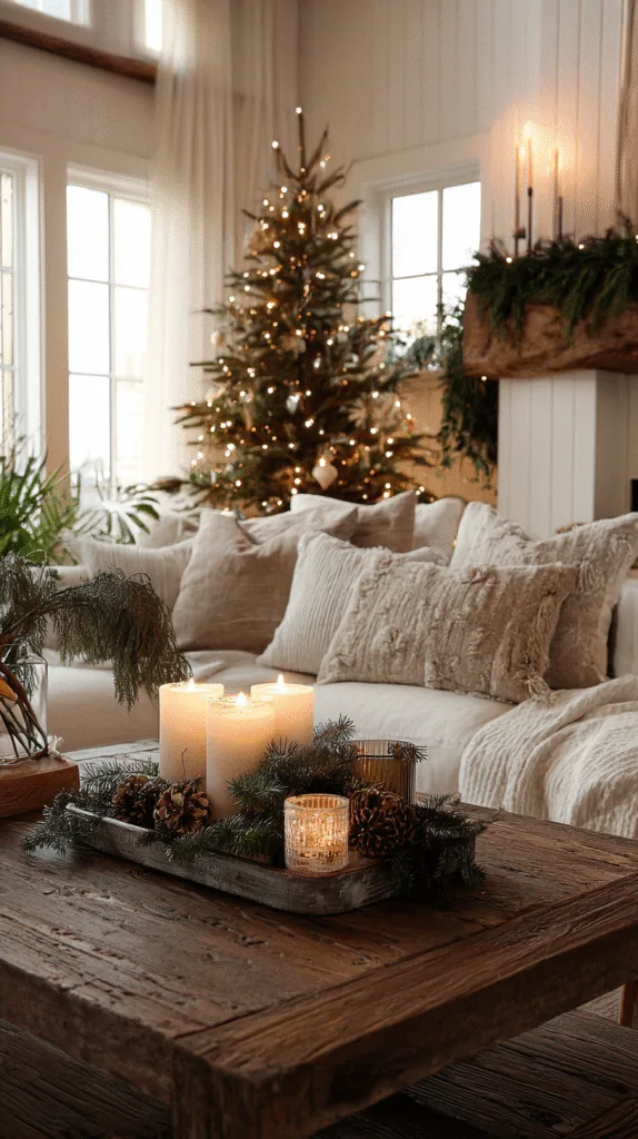 Christmas tree with simple ornaments and ribbon, mantel with cedar garland and candles, coffee table