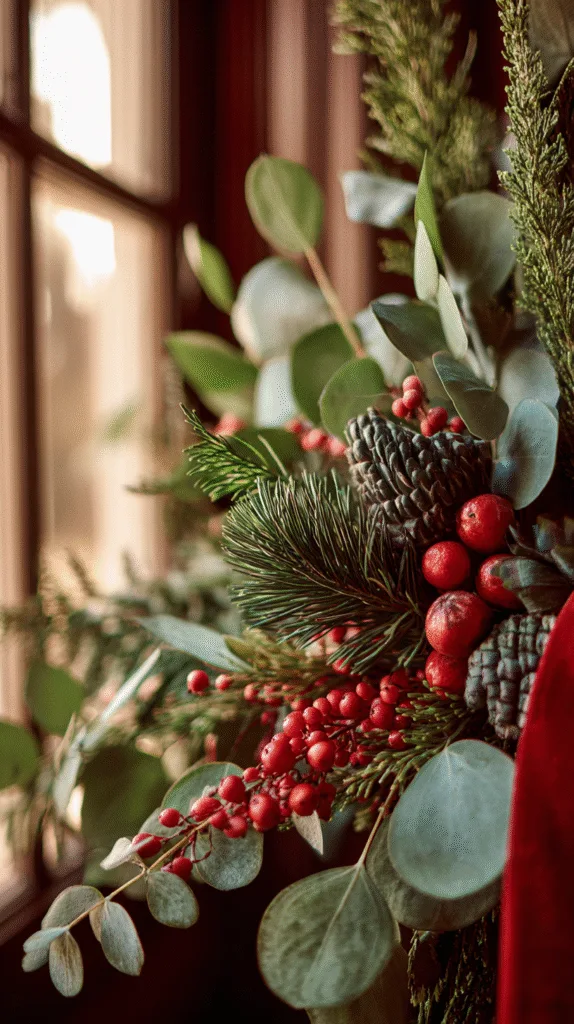 Close-up of greenery with layered textures--fir, cedar, eucalyptus, red berries