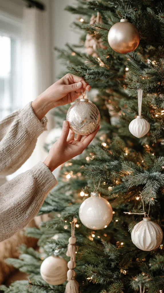 Close-up of ornaments being hung on a neutral Christmas tree in size order, large champagne ornaments