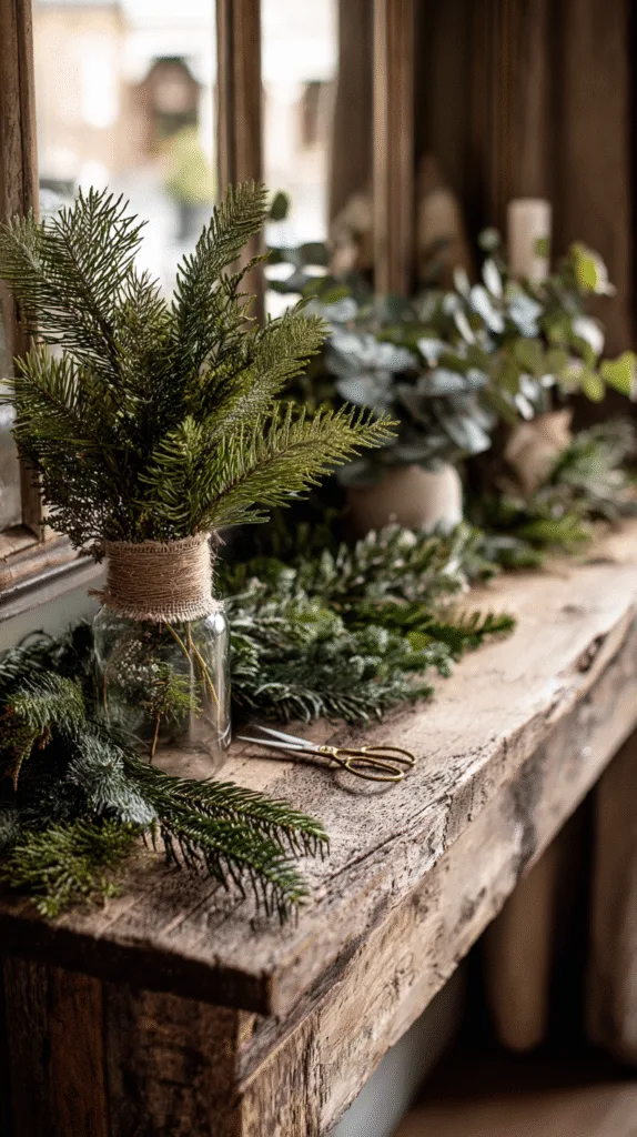 Console table with mixed Christmas greenery: faux pine garland layered with fresh eucalyptus, small vase with stems