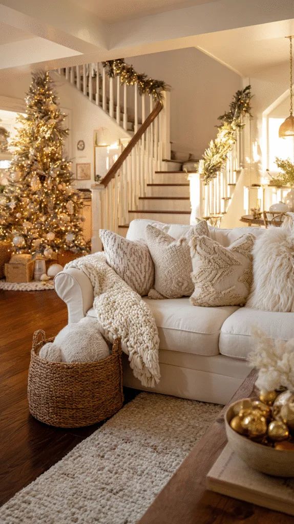 Cozy real-life living room decorated for Christmas, full neutral-toned tree with warm white lights, chunky knit throw over sofa