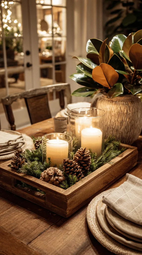 Dining table set with a low wooden tray filled with fresh greenery, pinecones, candles, magnolia leaves spilling softly