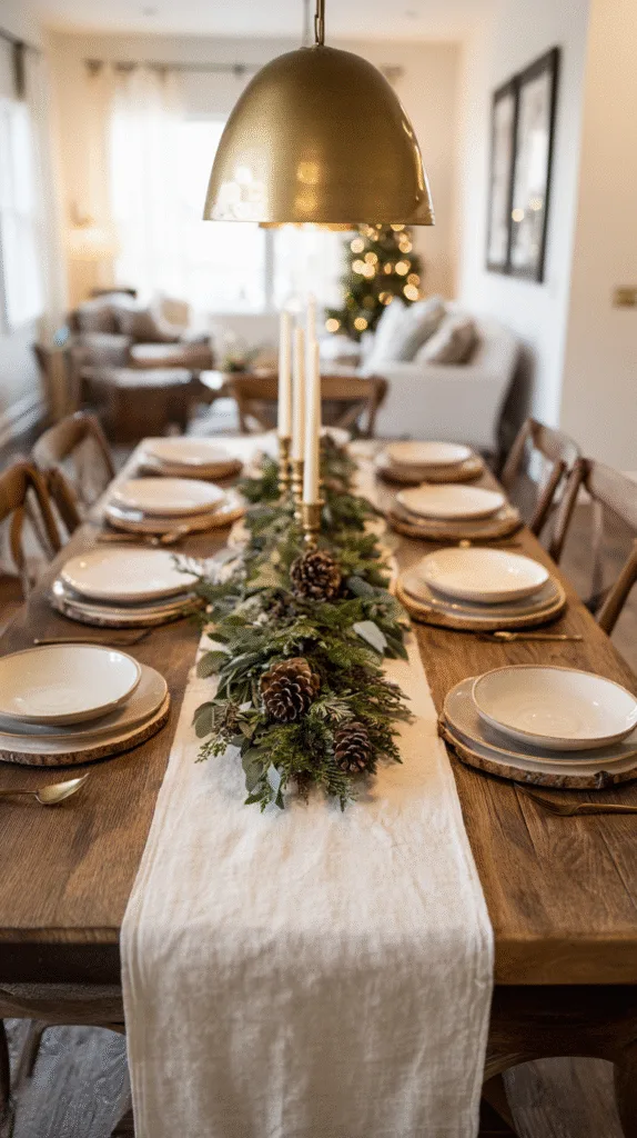 Dining table with soft linen runner, cluster of gold candlesticks, greenery stretched down center