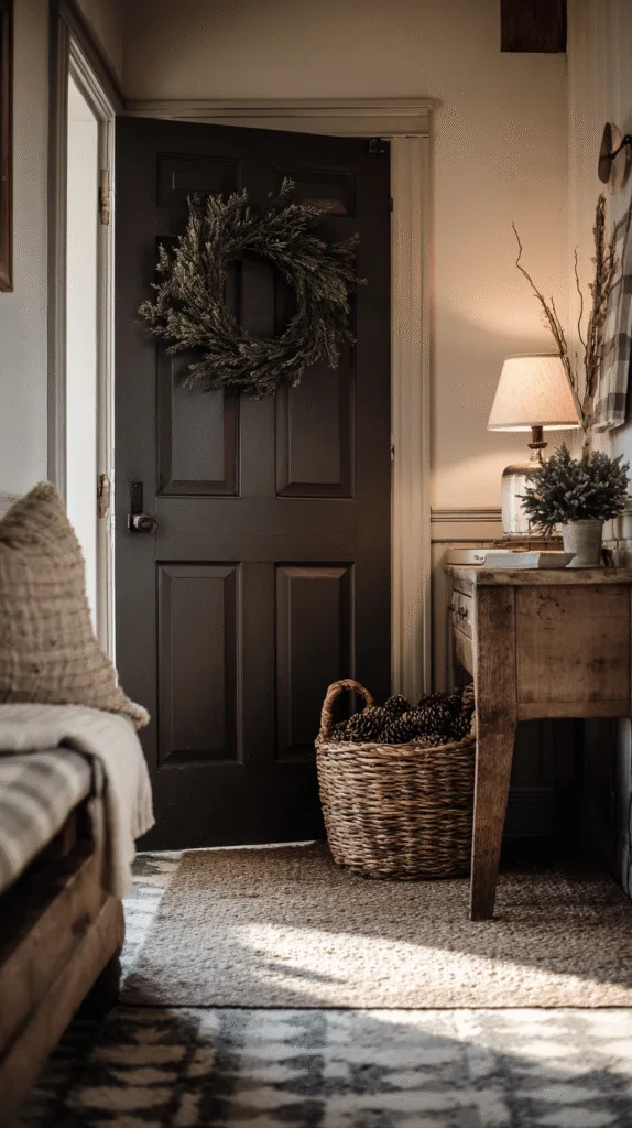 Entryway with simple wreath on door, woven basket with pinecones, wooden bench with soft pillow