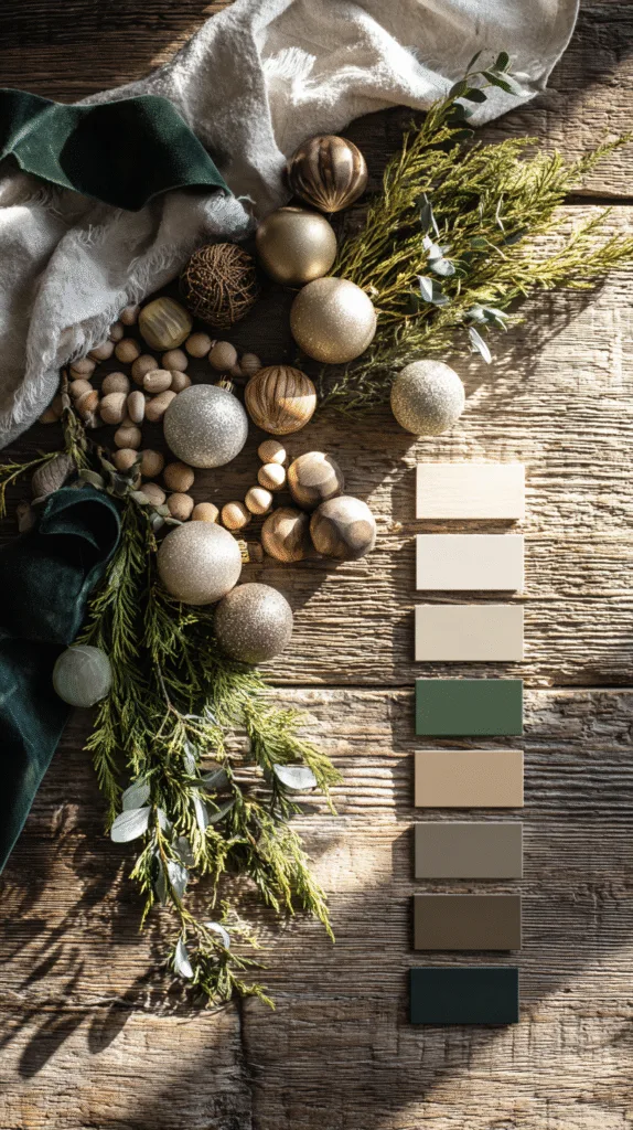 Flat-lay of Christmas color palette options on a worn wooden table: neutral ornaments, metallic samples