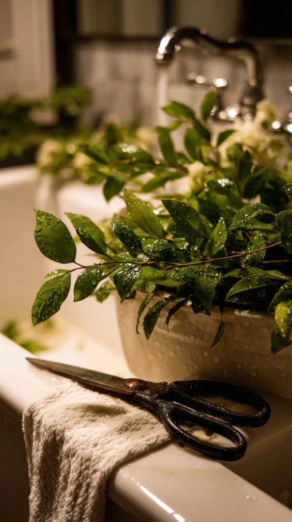 Fresh greenery soaking in a big farmhouse sink, stems trimmed at angles, droplets of water on leaves, soft warm kitchen lighting