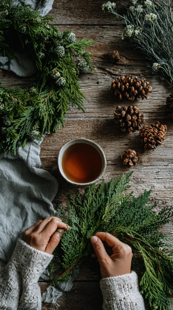 Hands assembling a fresh greenery garland on a wooden table, cedar and fir branches layered naturally