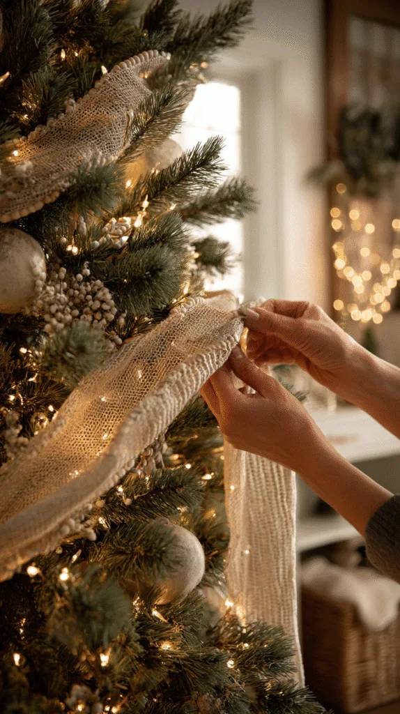 Hands placing wood-bead garland and linen ribbon onto a partially decorated neutral Christmas tree, warm white lights glowing softly, real-home setting, soft shadows, natural textures, cozy evening atmosphere.