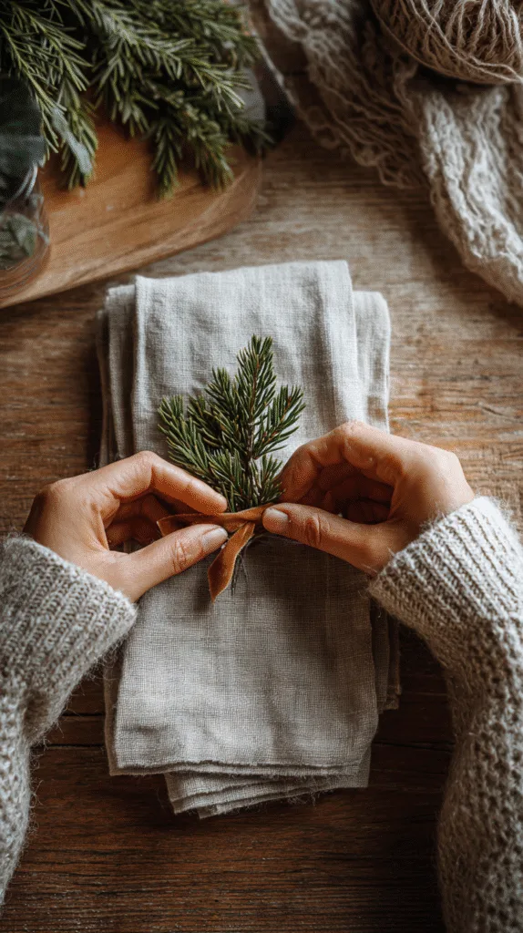 Hands tying a velvet ribbon around a linen napkin, small pine sprig tucked in, wood table underneath