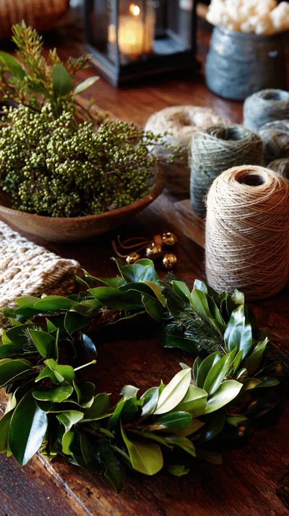 Kitchen counter with a half-finished fresh greenery wreath, magnolia leaves, juniper with berries, cedar sprigs, spool of twine, small bells