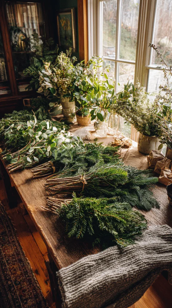 Kitchen table covered with bundles of fresh greenery laid out for Christmas decorating, pine, cedar, fir, magnolia, eucalyptus, natural textures