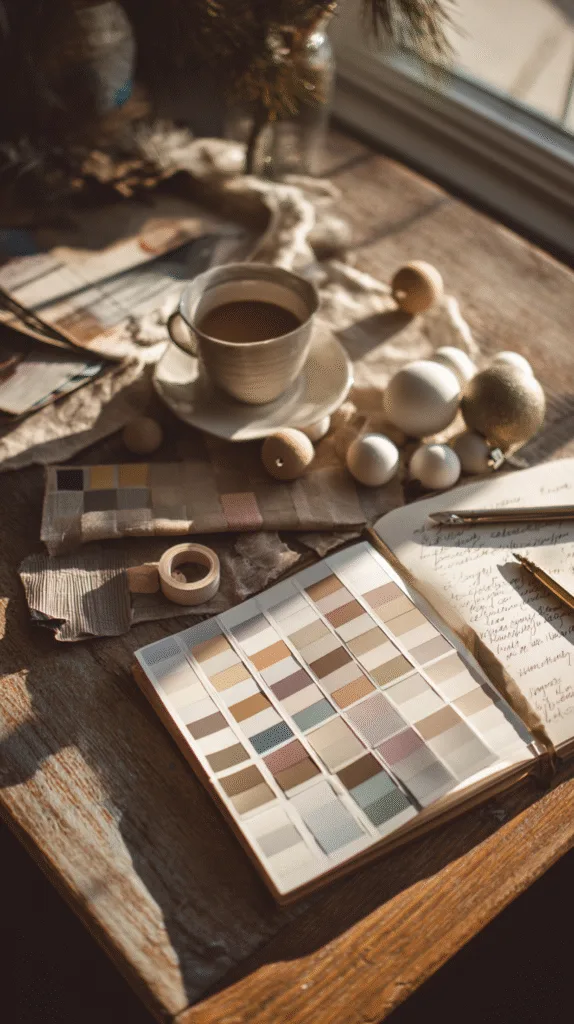 Kitchen table with color palette swatches, ribbon samples, a notebook with messy handwritten Christmas plans