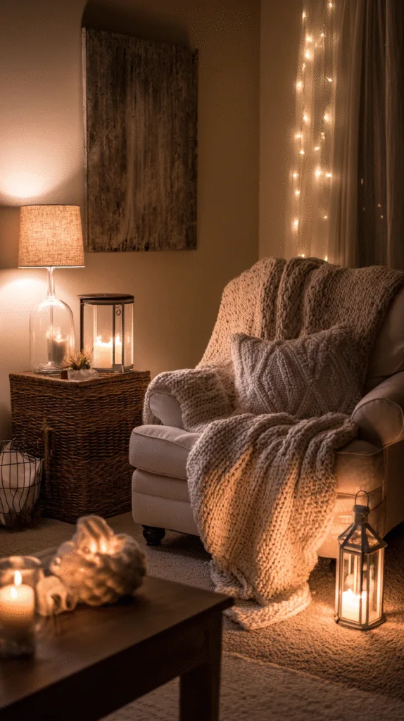 Living room corner glowing with warm white string lights, soft-lit table lamp, cluster of battery candles