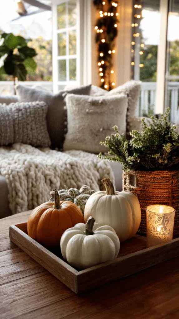 Living room mid-transition: fall pumpkins set on one side of table, fresh Christmas greenery on the other