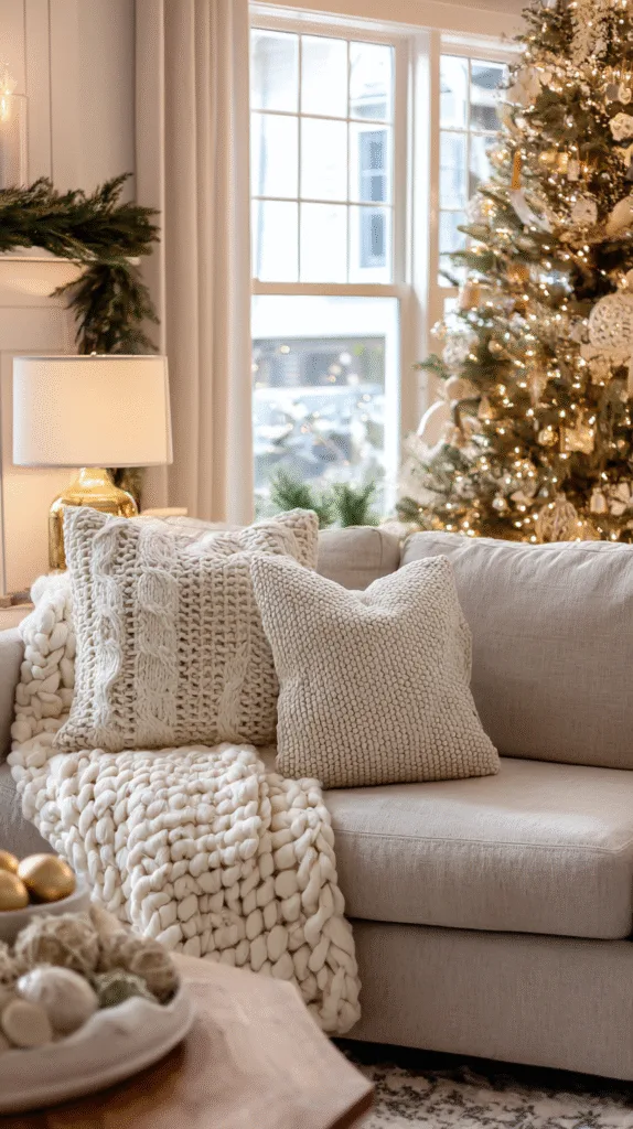 Neutral Christmas living room with soft blankets on sofa, small garland over mantle, bowl of ornaments on table